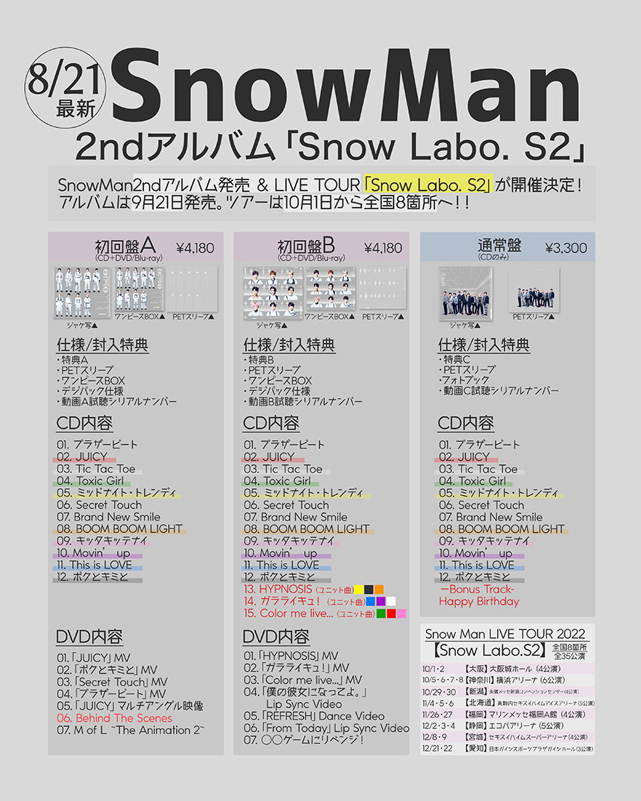 Snow Man LIVETOUR 2022 Labo. S2 アルバム・ツアー詳細